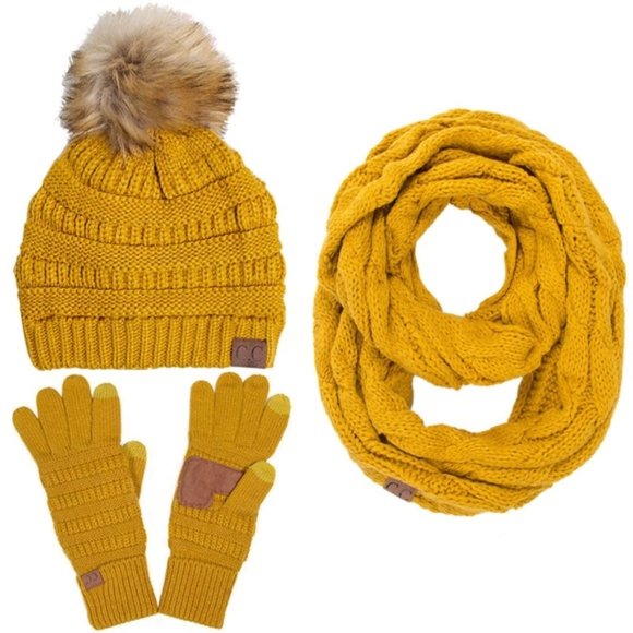 C.C 3pc Knit Warm Pom Beanie Gloves Scarves Set